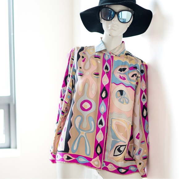 EMILIO PUCCI Vintage Multicolour Psychedelic Long Sleeve Silk Blouse - Picture 1 of 13